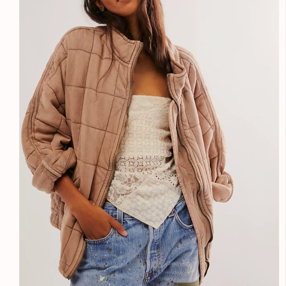 NEW BEST Free People Dolman Quilted Knit Jacket XSmall Dirty Rose Beige - Picture 3 of 5